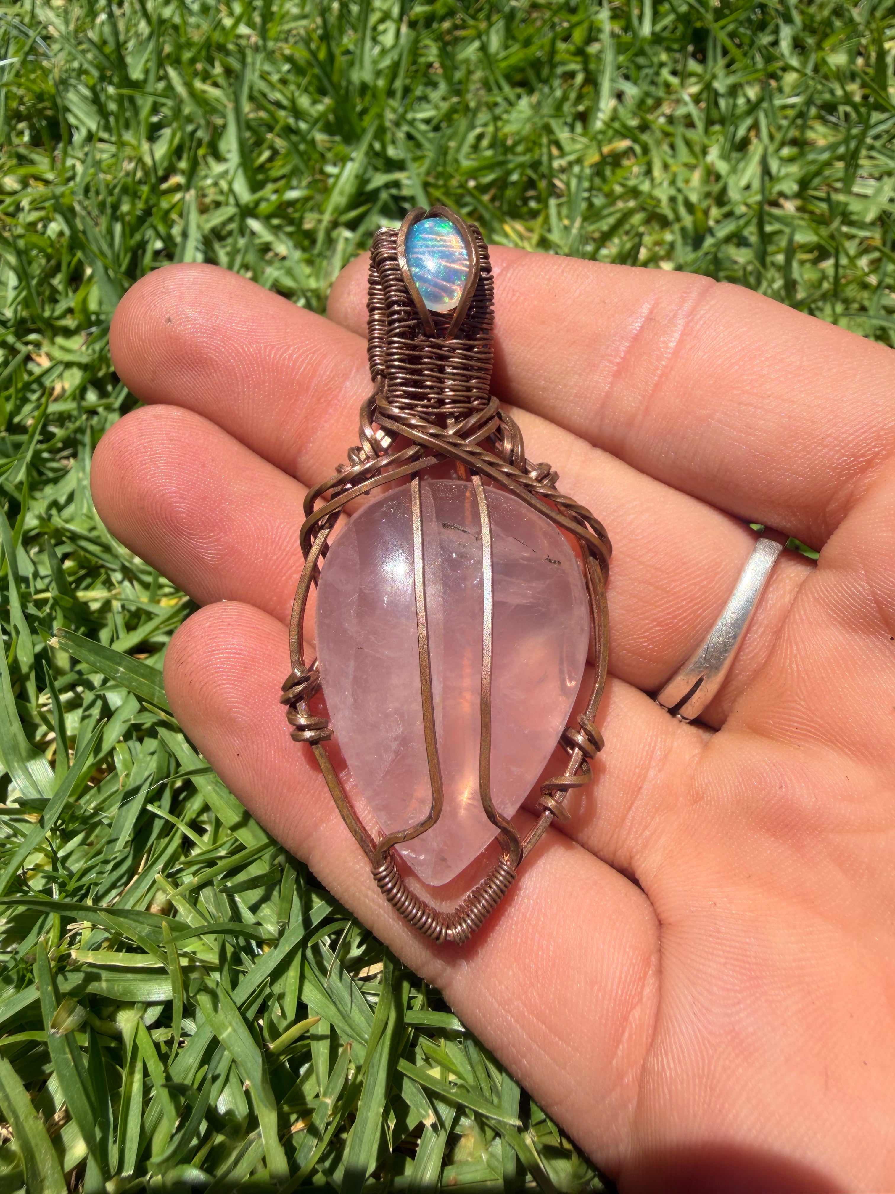 Handmade Rose Quartz and Ethiopian Opal Copper Wire Wrapped Pendant