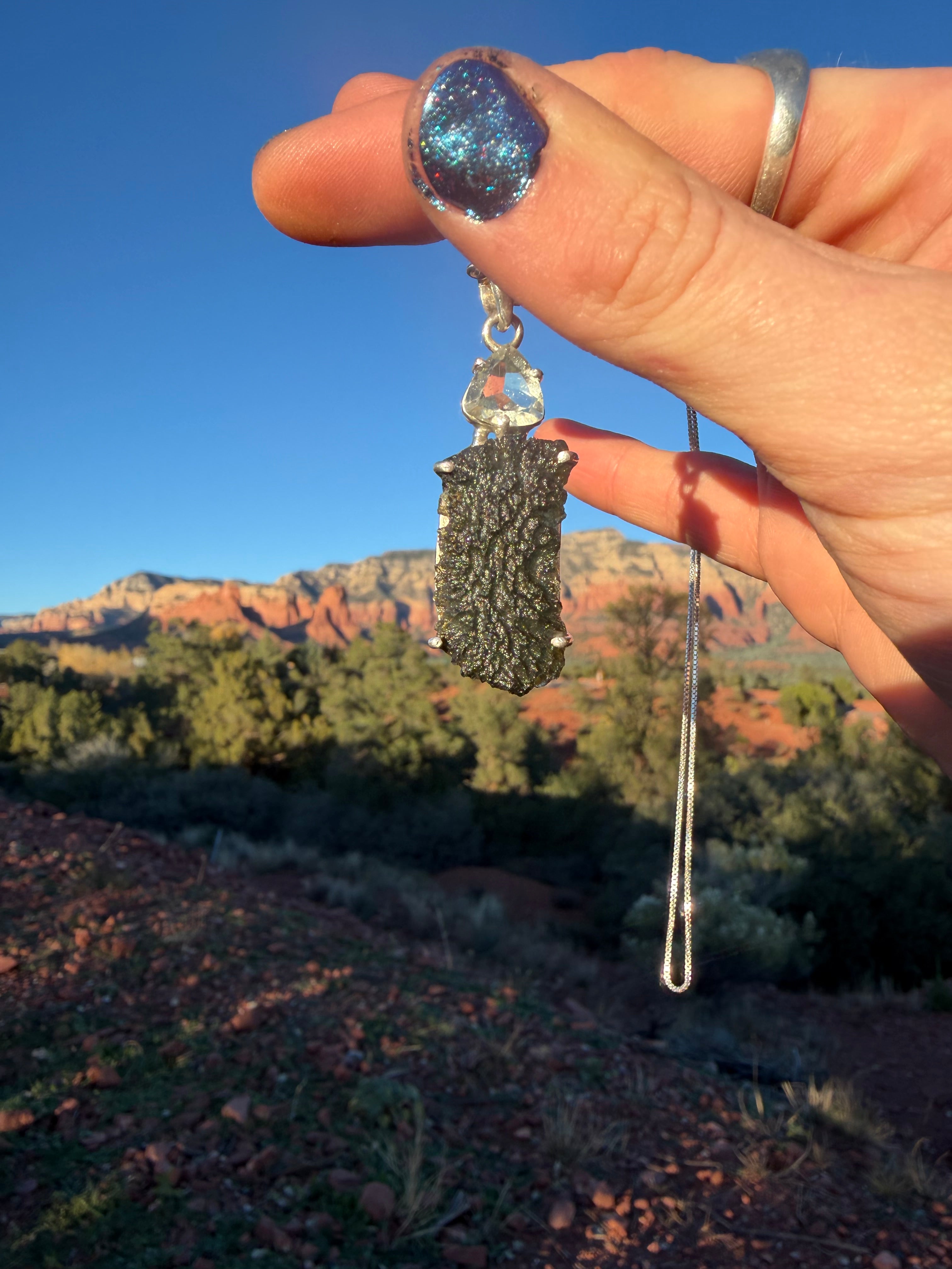 Museum Quality Moldavite, Libyan Desert Glass and Sterling Silver Pendant