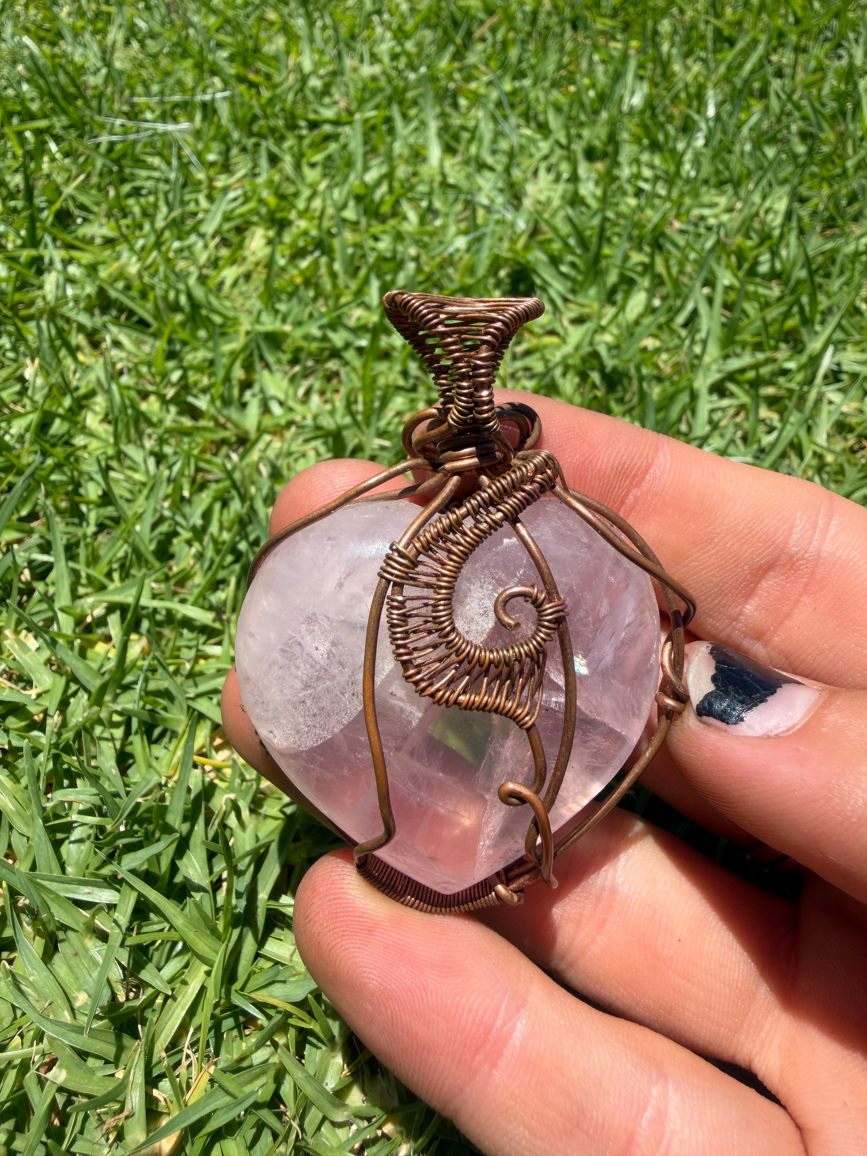 Handmade Rose Quartz Copper Wire Wrapped Pendant