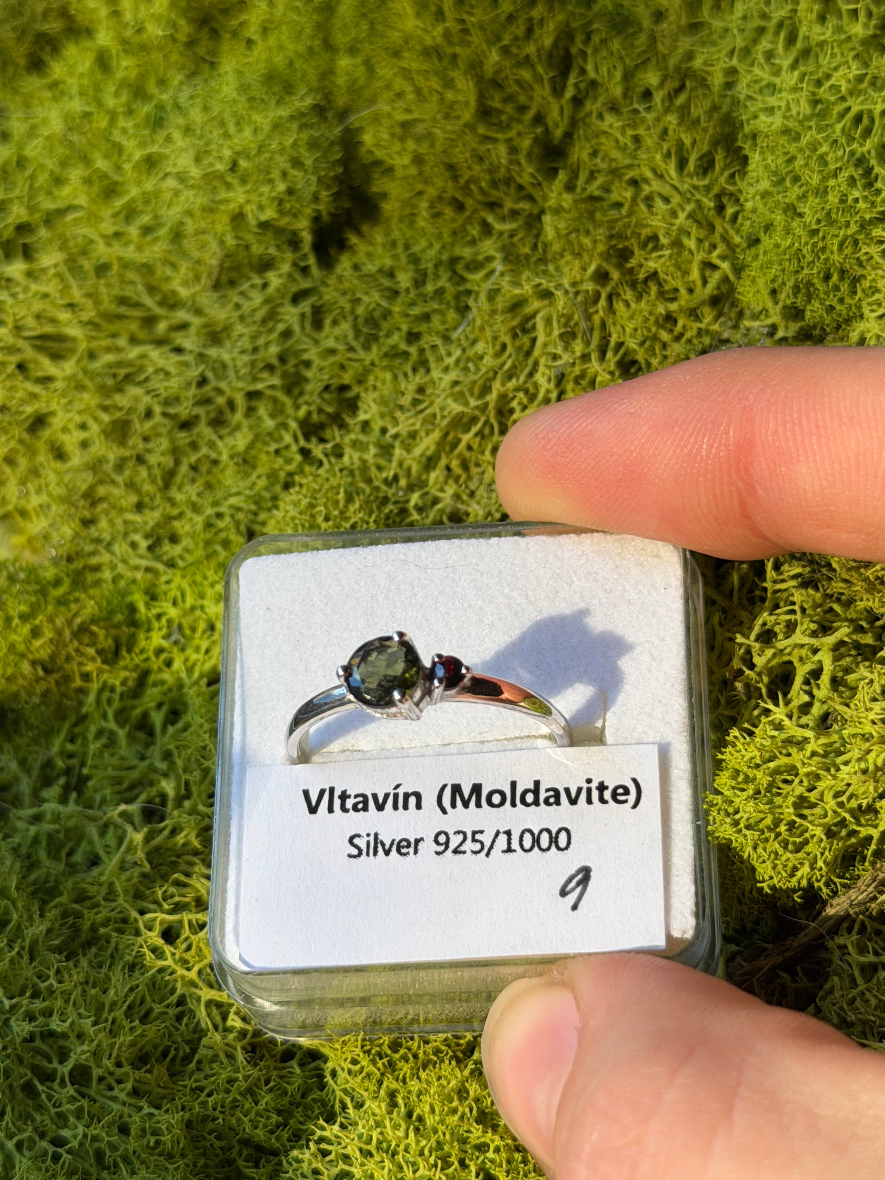 Moldavite, Garnet & Sterling Silver Ring size 9