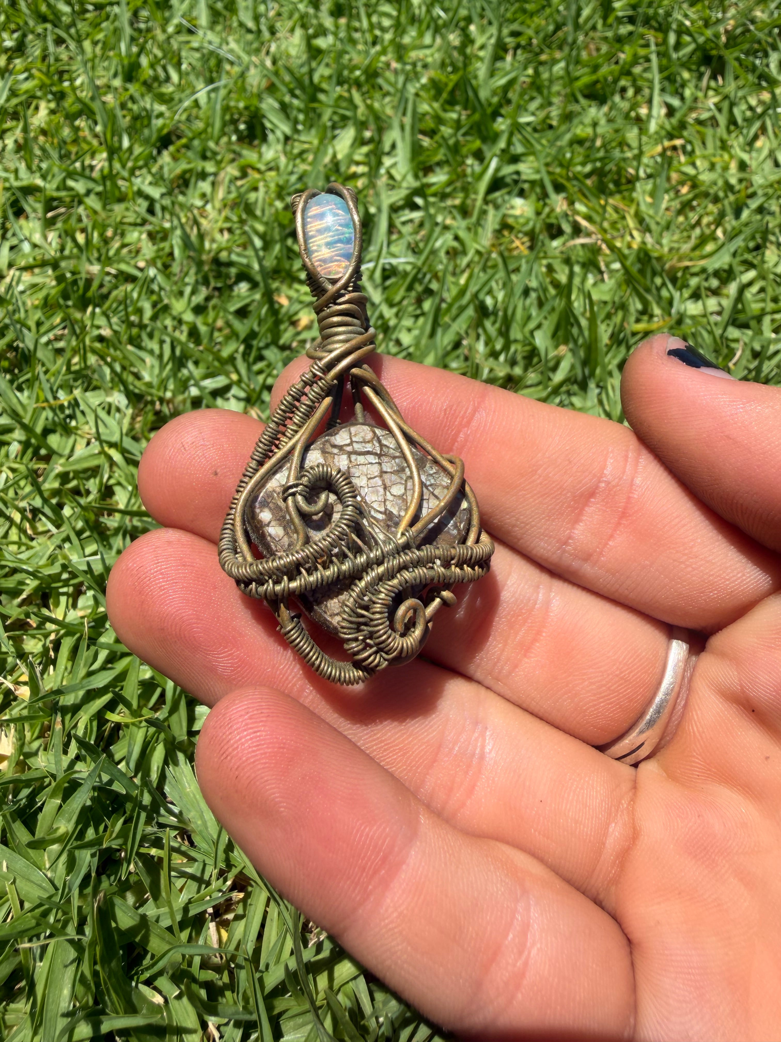 Rainbow Opalized Ammolite w/ Ethiopian Opal & Brass Wire Wrapped Pendant