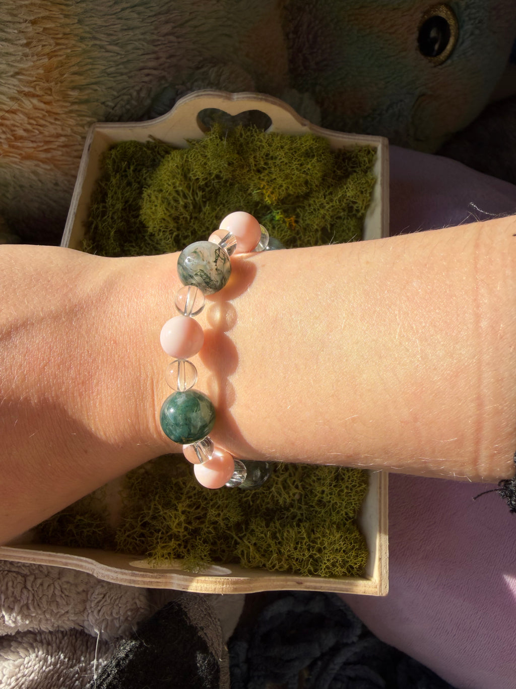 Moss Agate, Pink Opal and Clear Quartz Bracelet