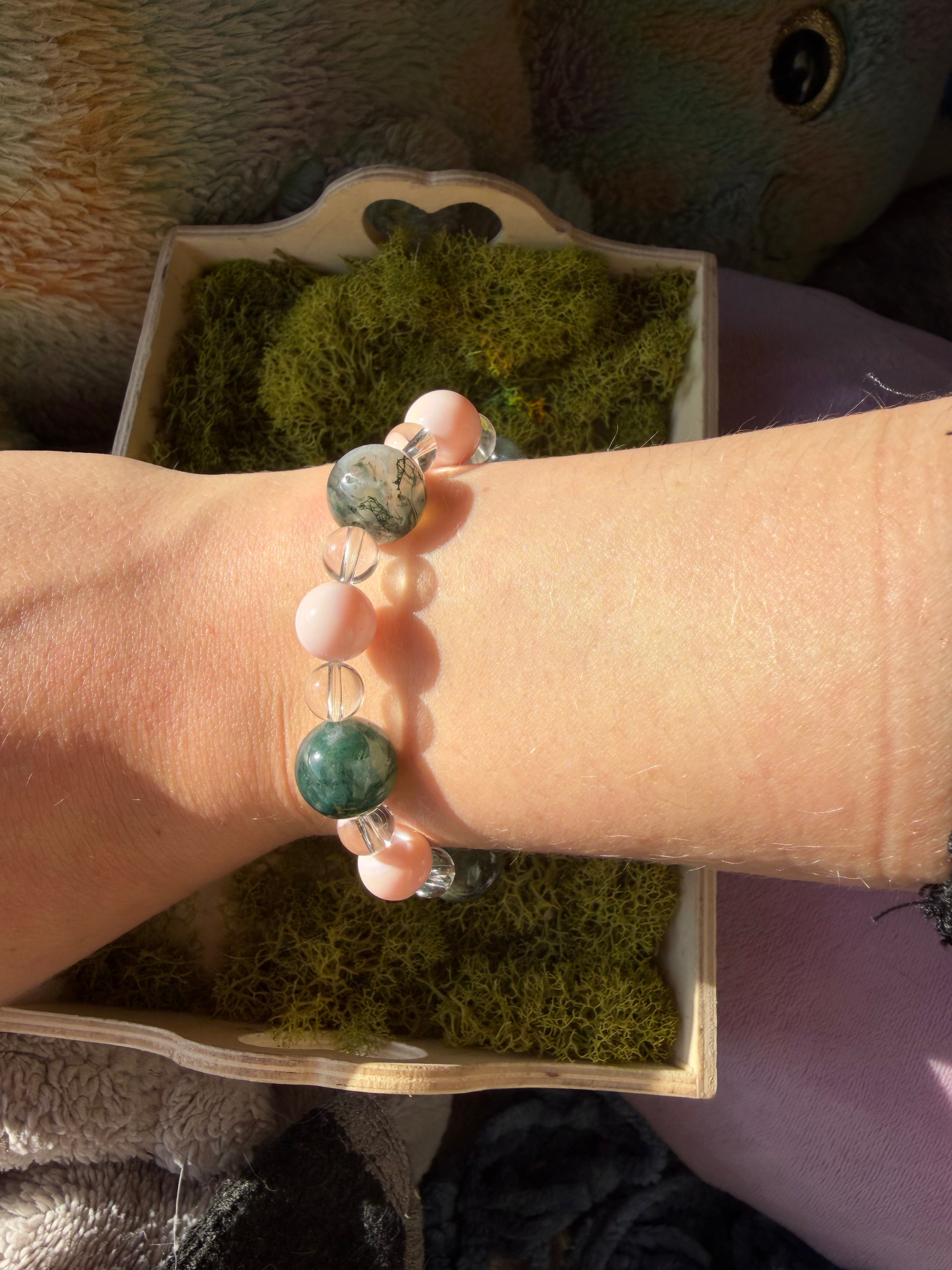 Moss Agate, Pink Opal and Clear Quartz Bracelet