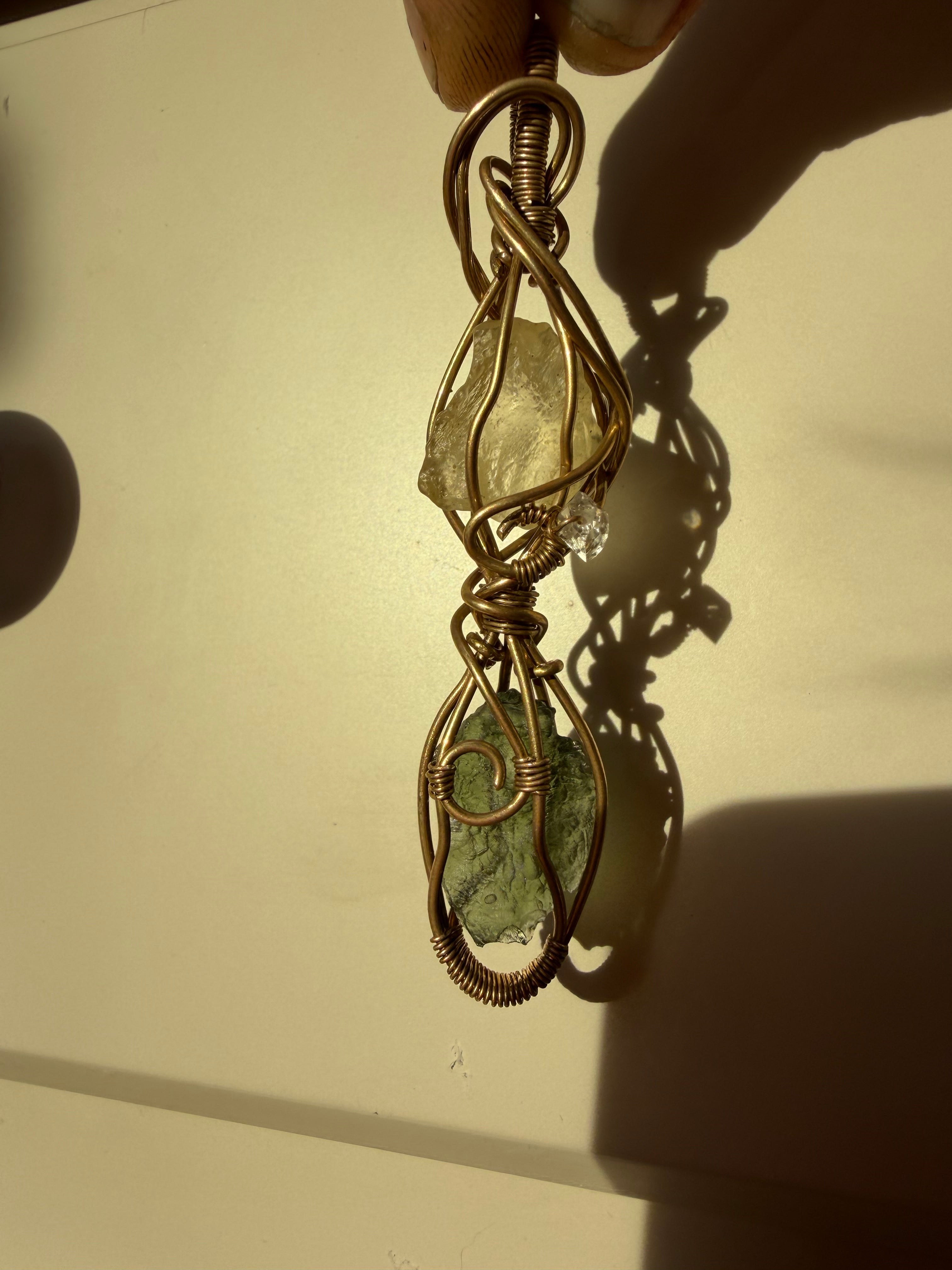 Moldavite, Libyan Desert Glass & Quartz Wire Wrap