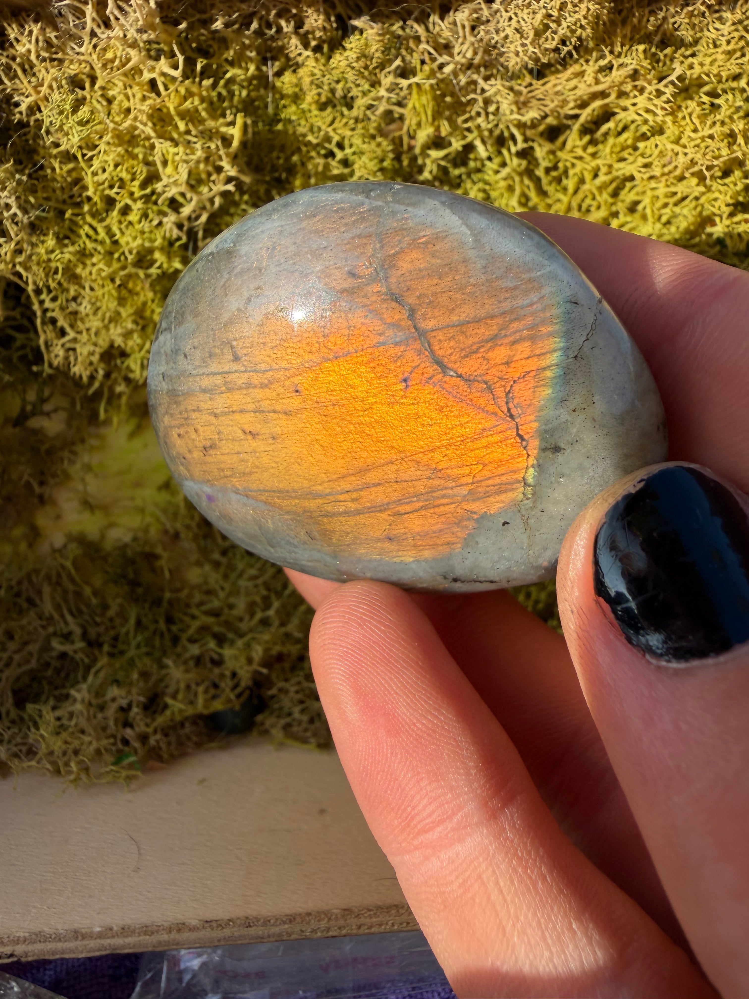 Orange Flash Labradorite Palmstone from Madagascar