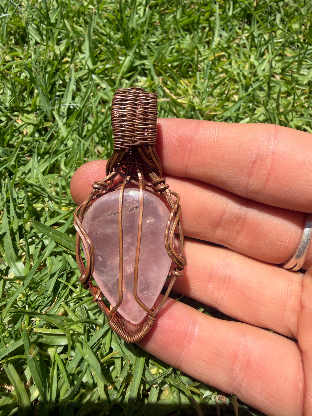 Handmade Rose Quartz and Ethiopian Opal Copper Wire Wrapped Pendant