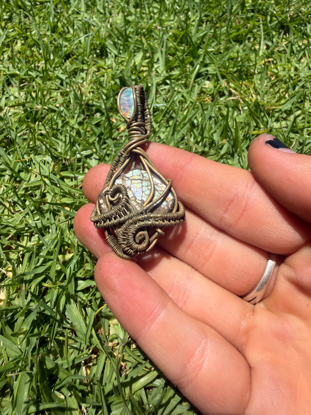 Rainbow Opalized Ammolite w/ Ethiopian Opal & Brass Wire Wrapped Pendant