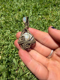 Rainbow Opalized Ammolite w/ Ethiopian Opal & Brass Wire Wrapped Pendant