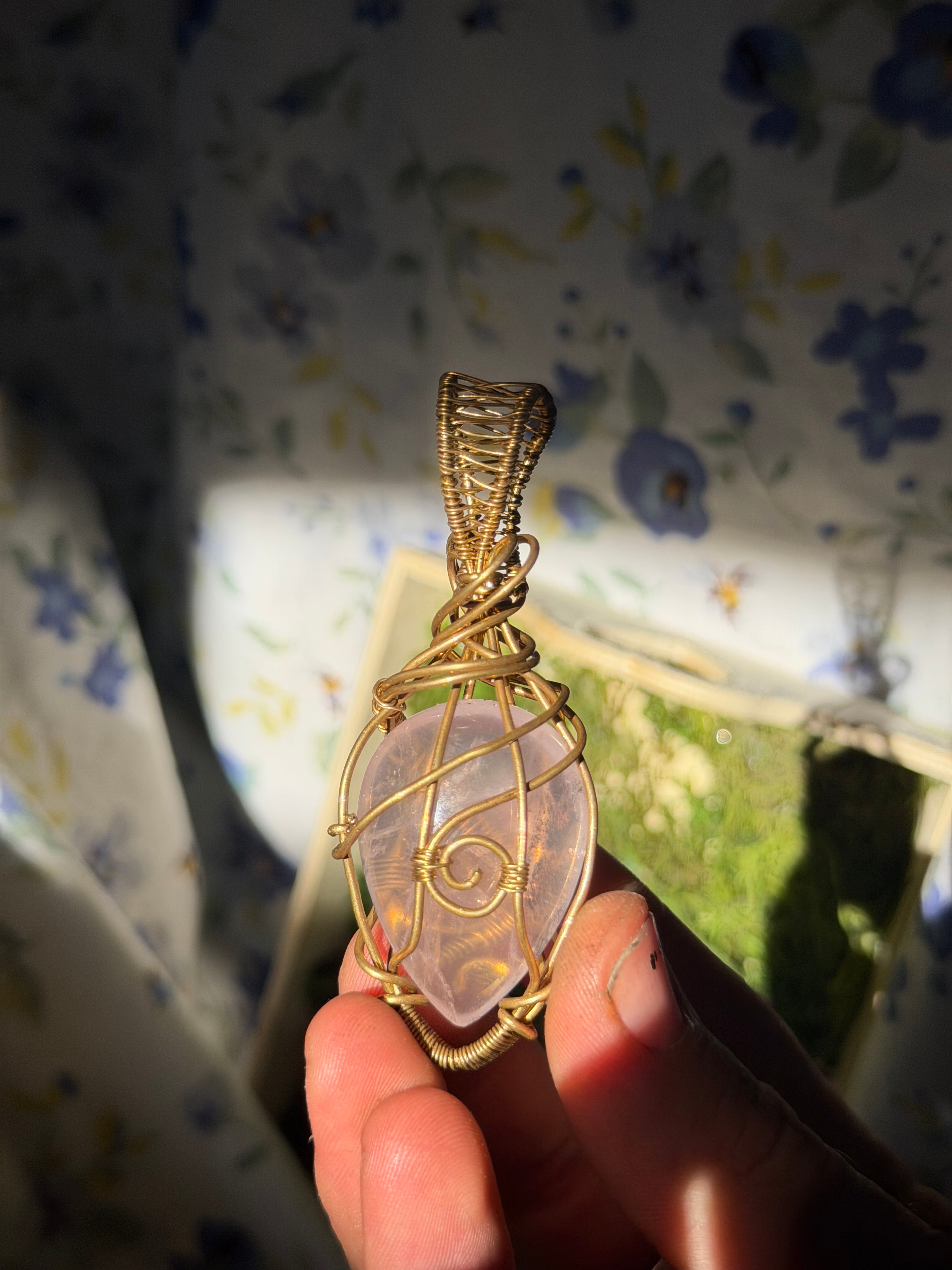 Rose Quartz and Brass Wire Wrapped Pendant