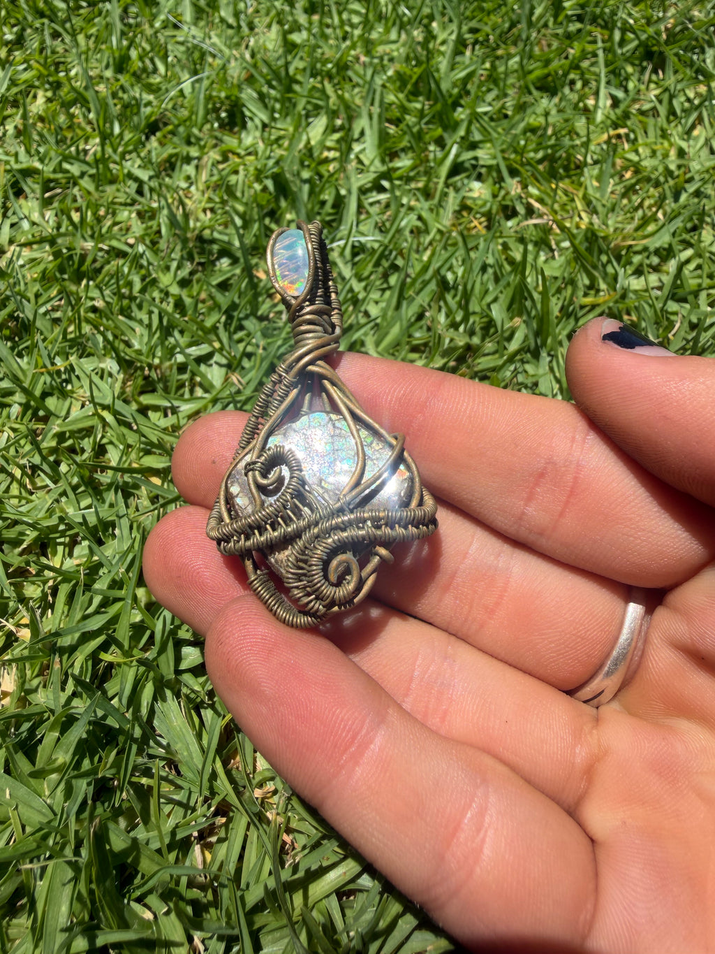 Rainbow Opalized Ammolite w/ Ethiopian Opal & Brass Wire Wrapped Pendant