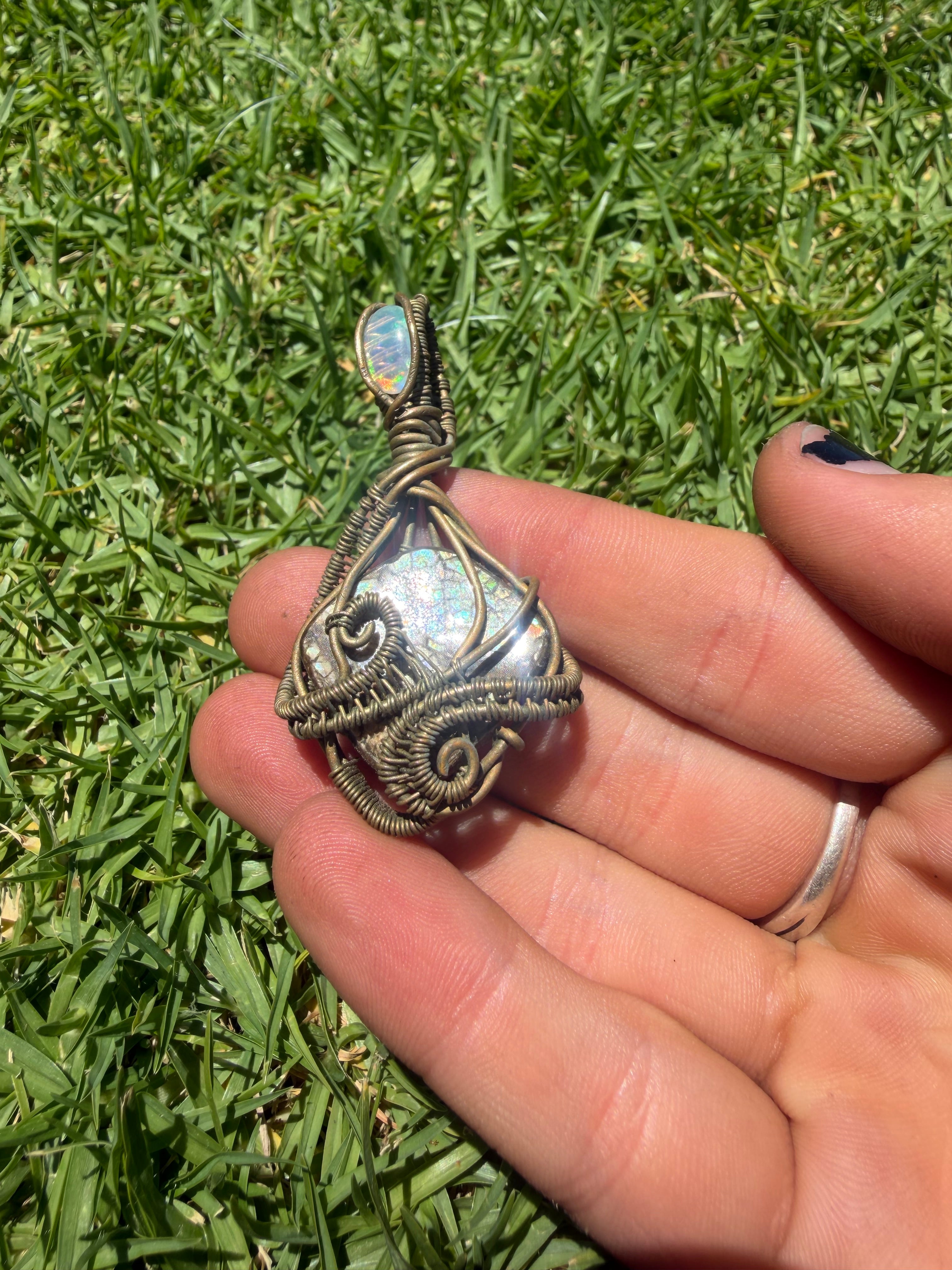 Rainbow Opalized Ammolite w/ Ethiopian Opal & Brass Wire Wrapped Pendant