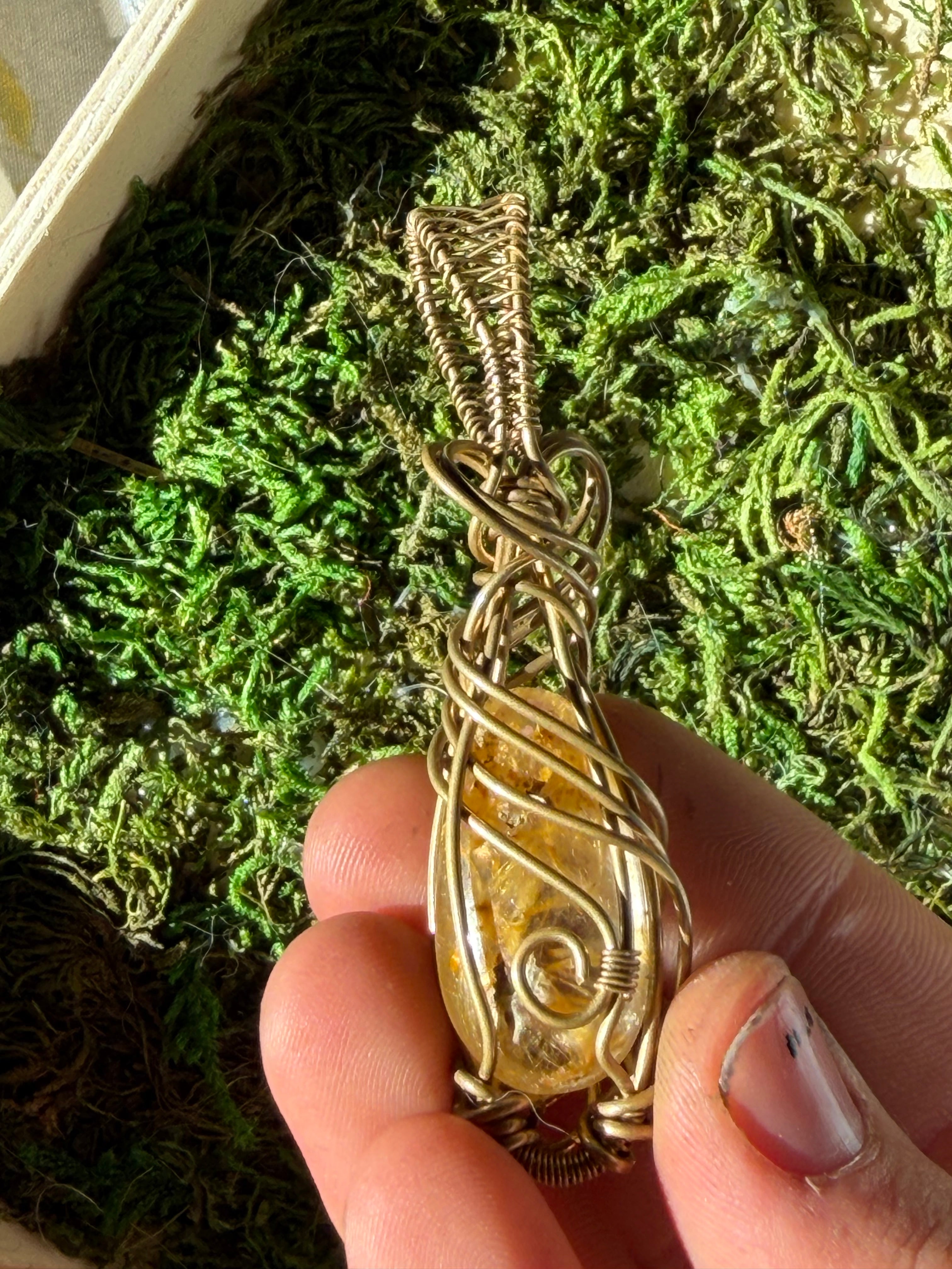 Golden Rutile Quartz and Brass Wire Wrapped Pendant
