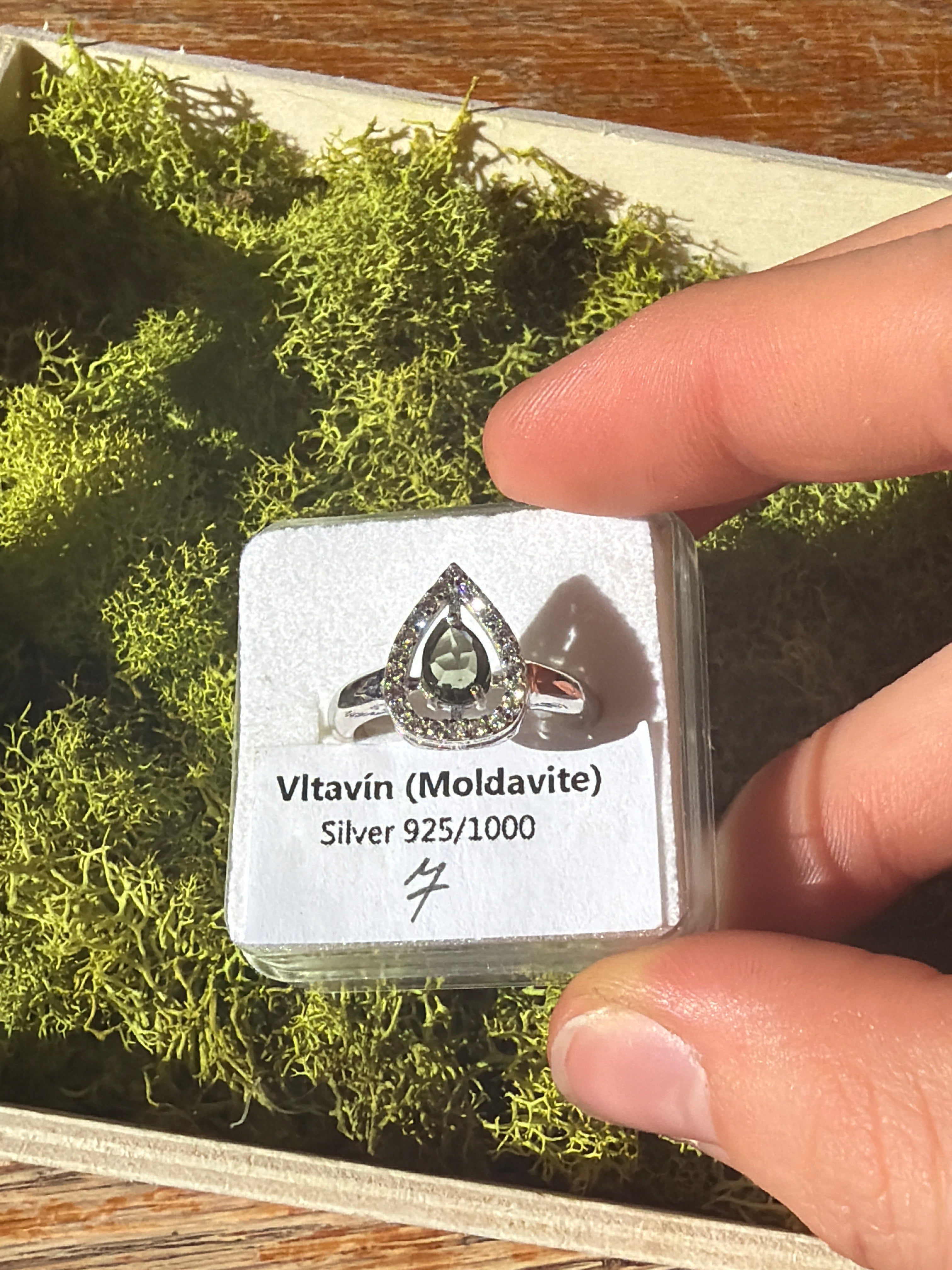 Moldavite and Cubic Zirconia Silver Ring size 7
