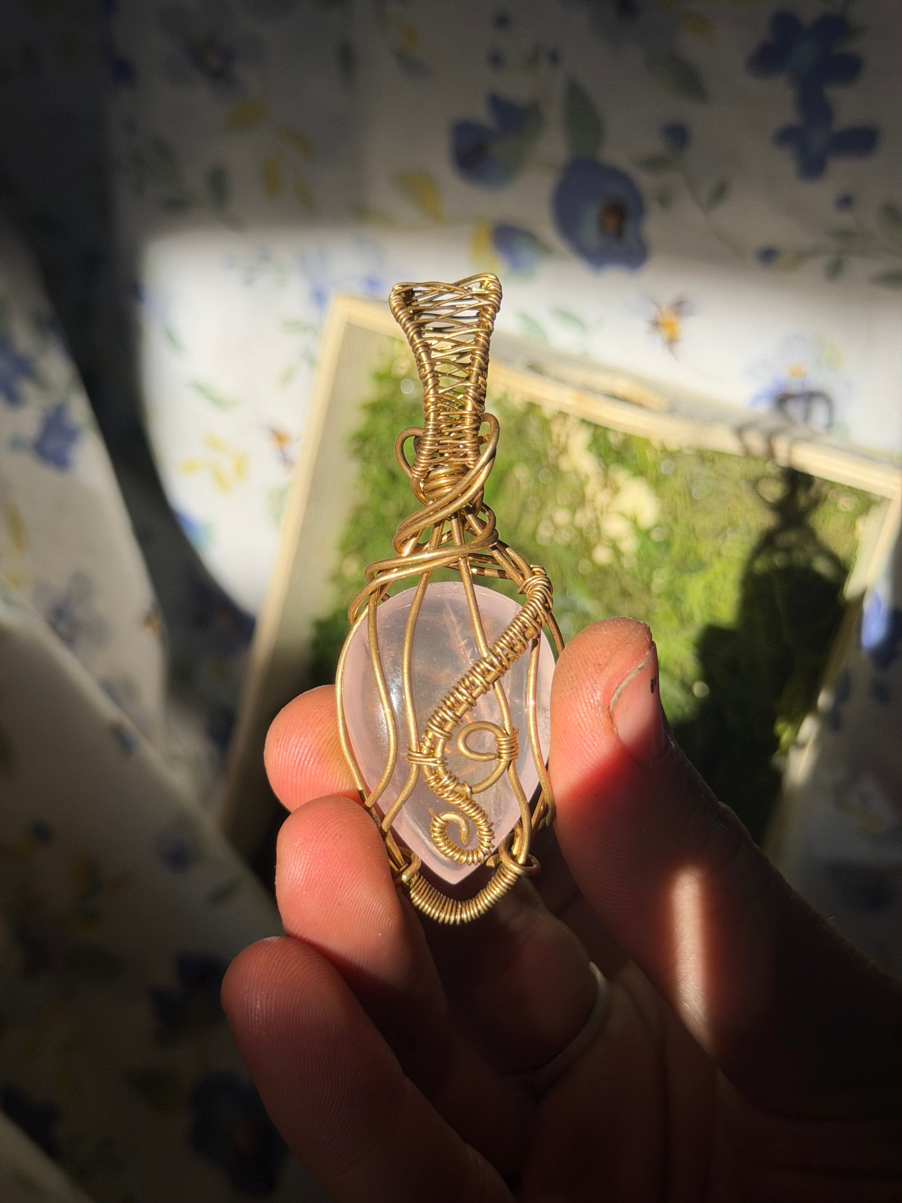 Rose Quartz and Brass Wire Wrapped Pendant