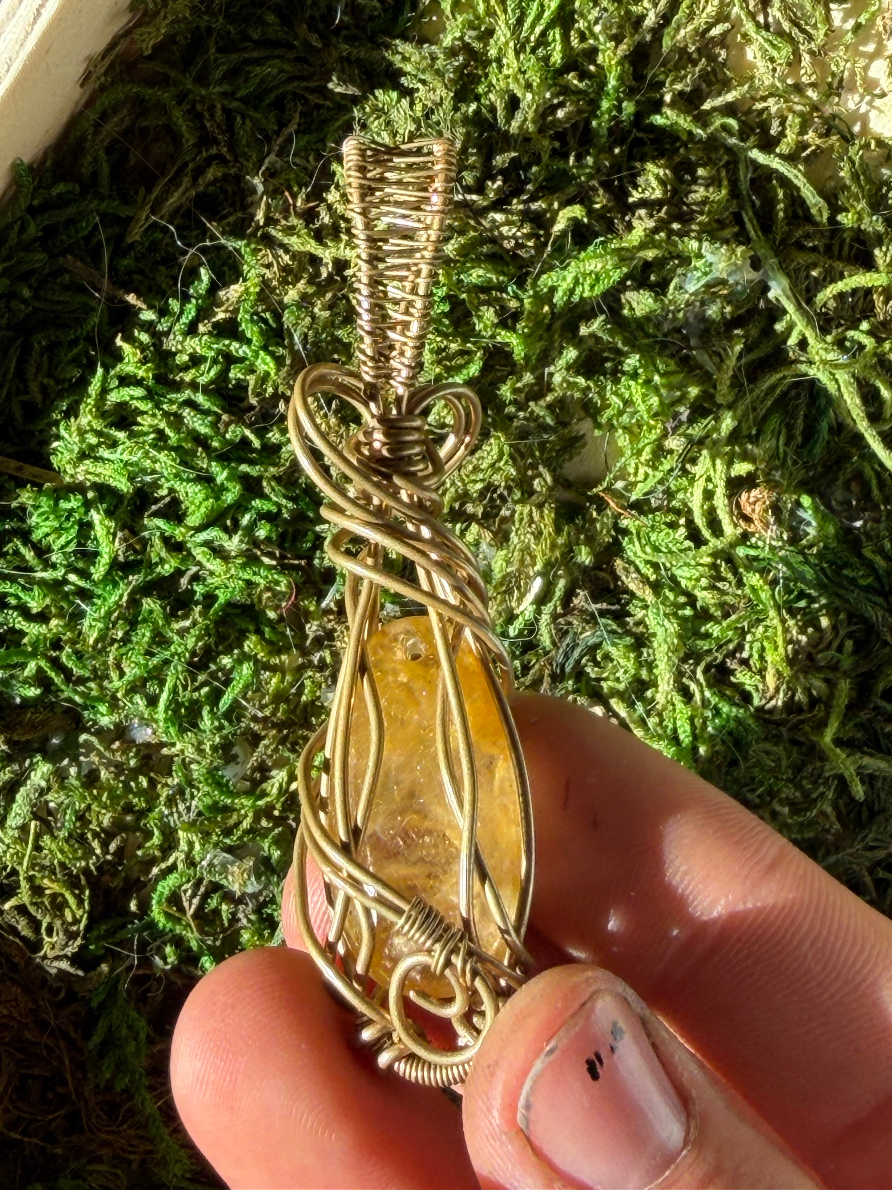 Golden Rutile Quartz and Brass Wire Wrapped Pendant