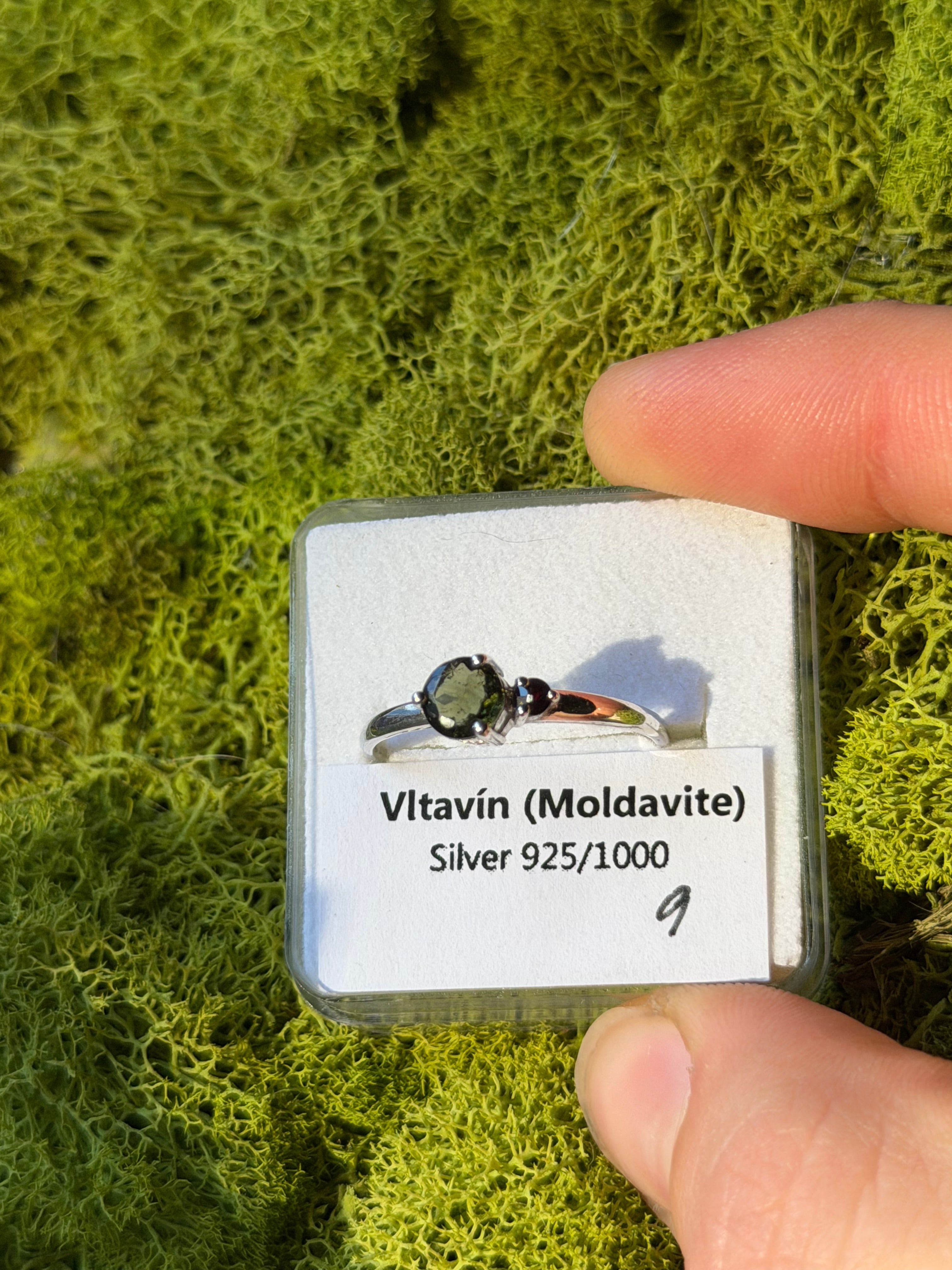 Moldavite, Garnet & Sterling Silver Ring size 9