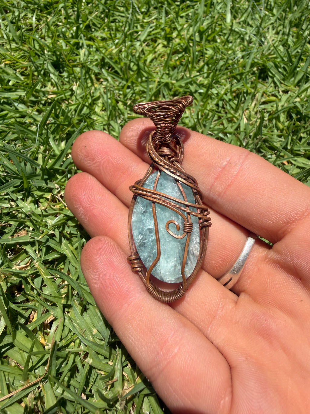 Handmade Aquamarine Wire Wrapped Copper Pendant