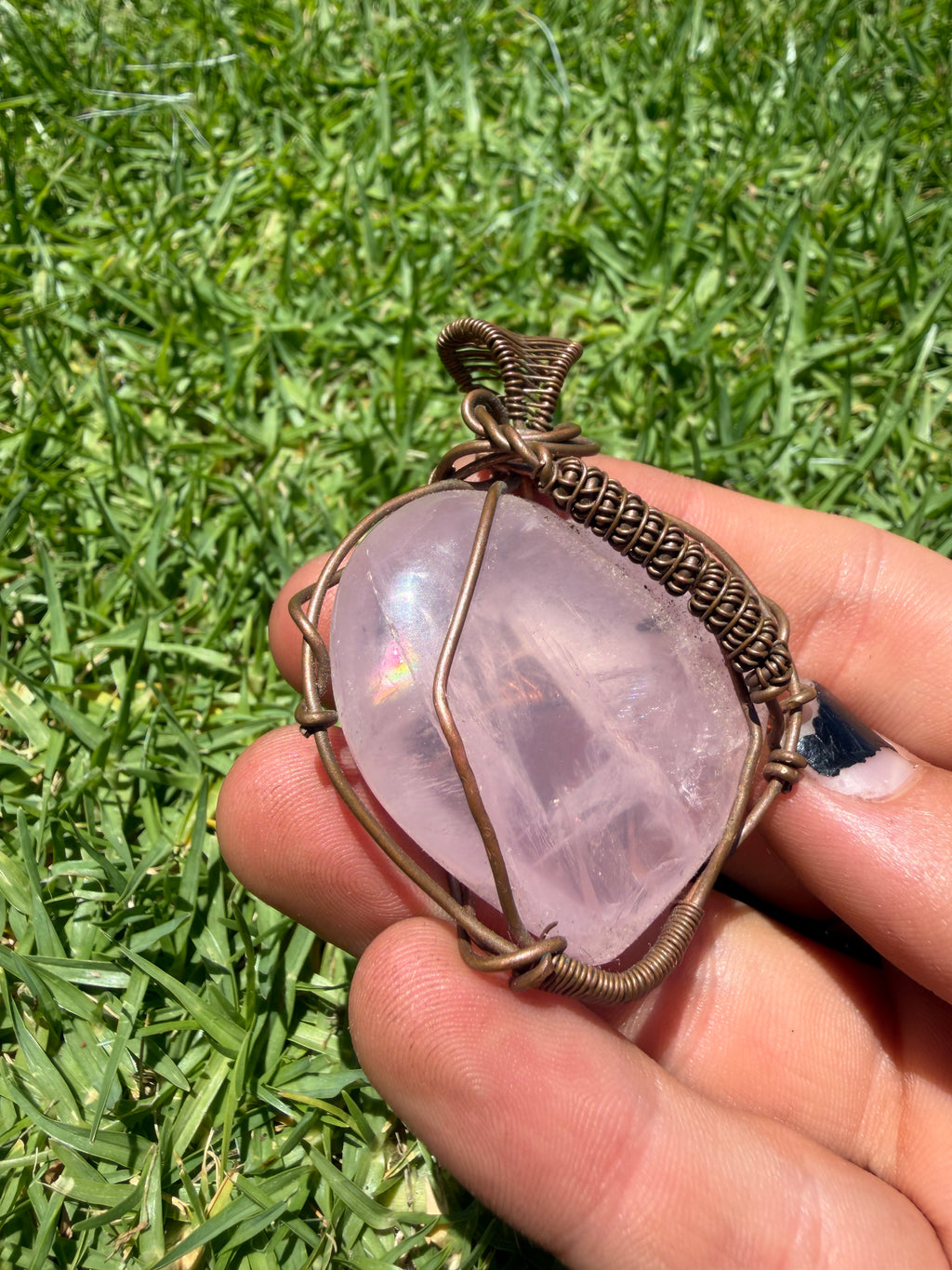 Handmade Rose Quartz Copper Wire Wrapped Pendant