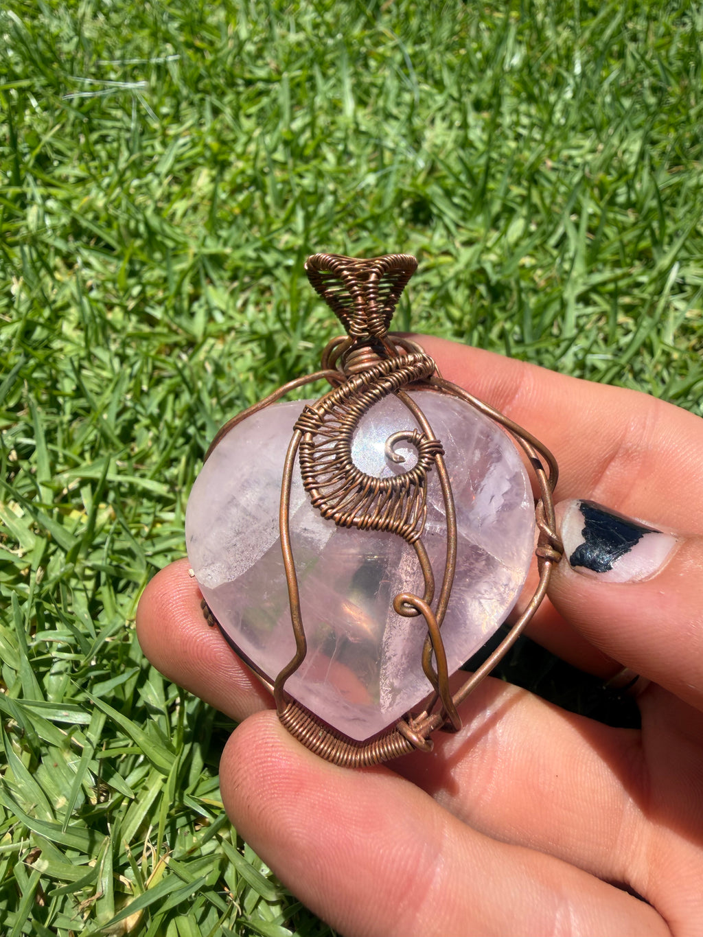 Handmade Rose Quartz Copper Wire Wrapped Pendant