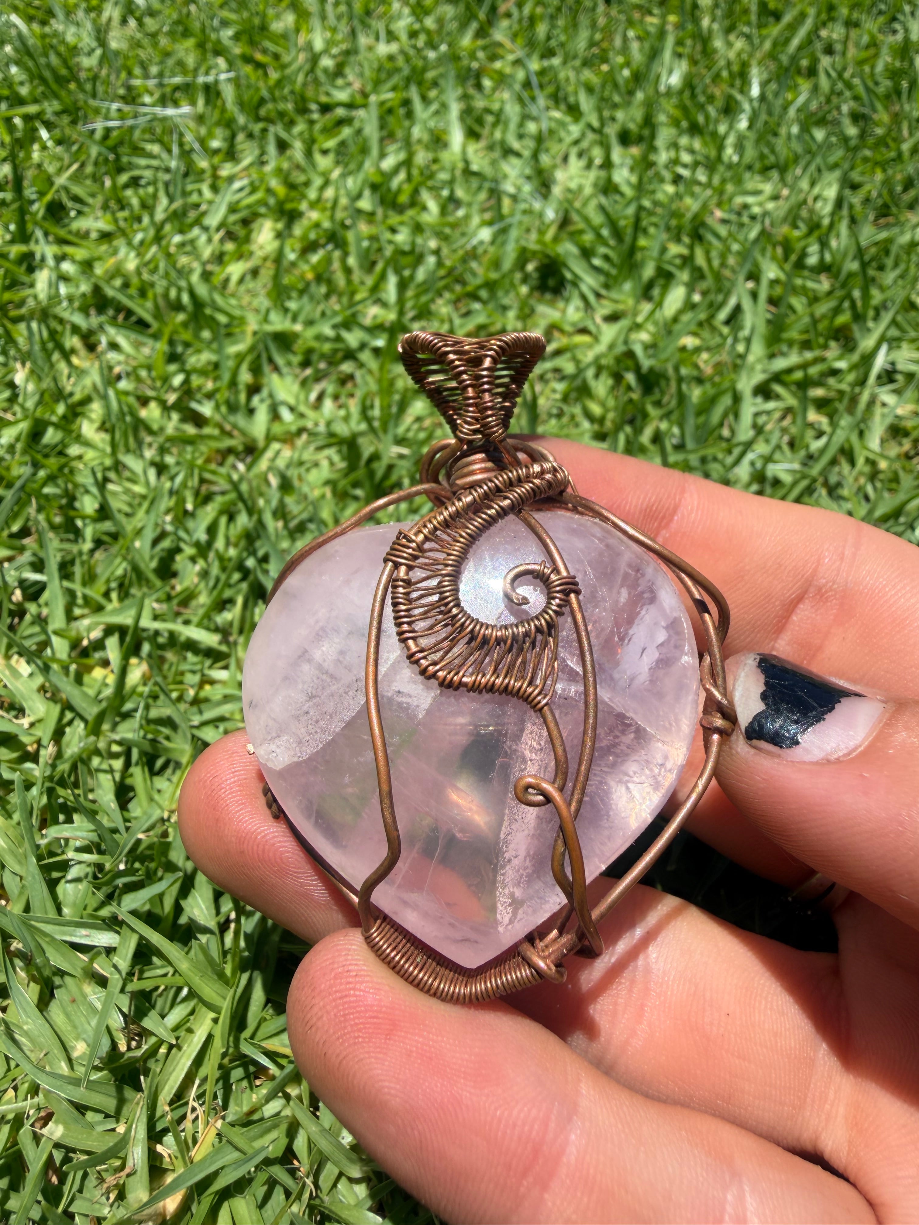 Handmade Rose Quartz Copper Wire Wrapped Pendant
