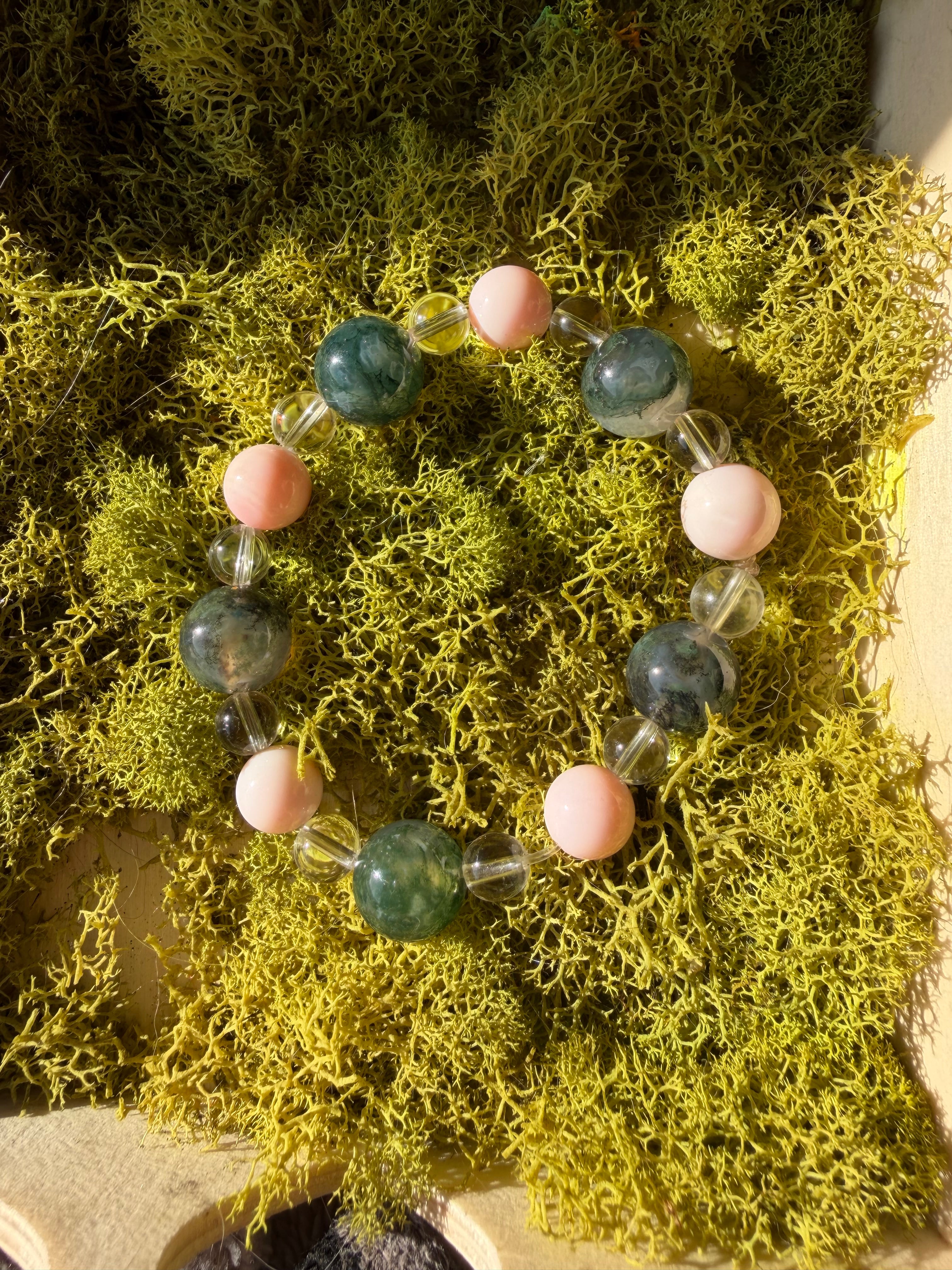 Moss Agate, Pink Opal and Clear Quartz Bracelet