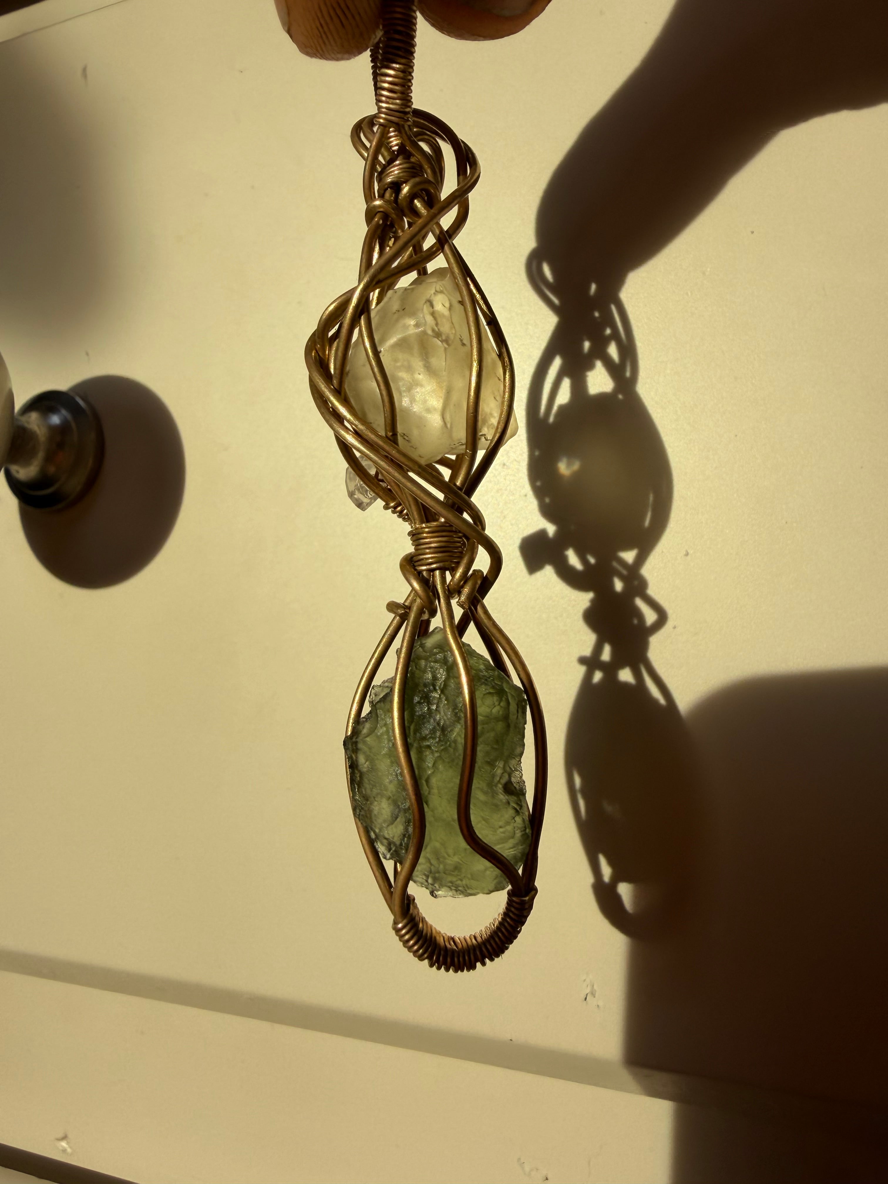 Moldavite, Libyan Desert Glass & Quartz Wire Wrap
