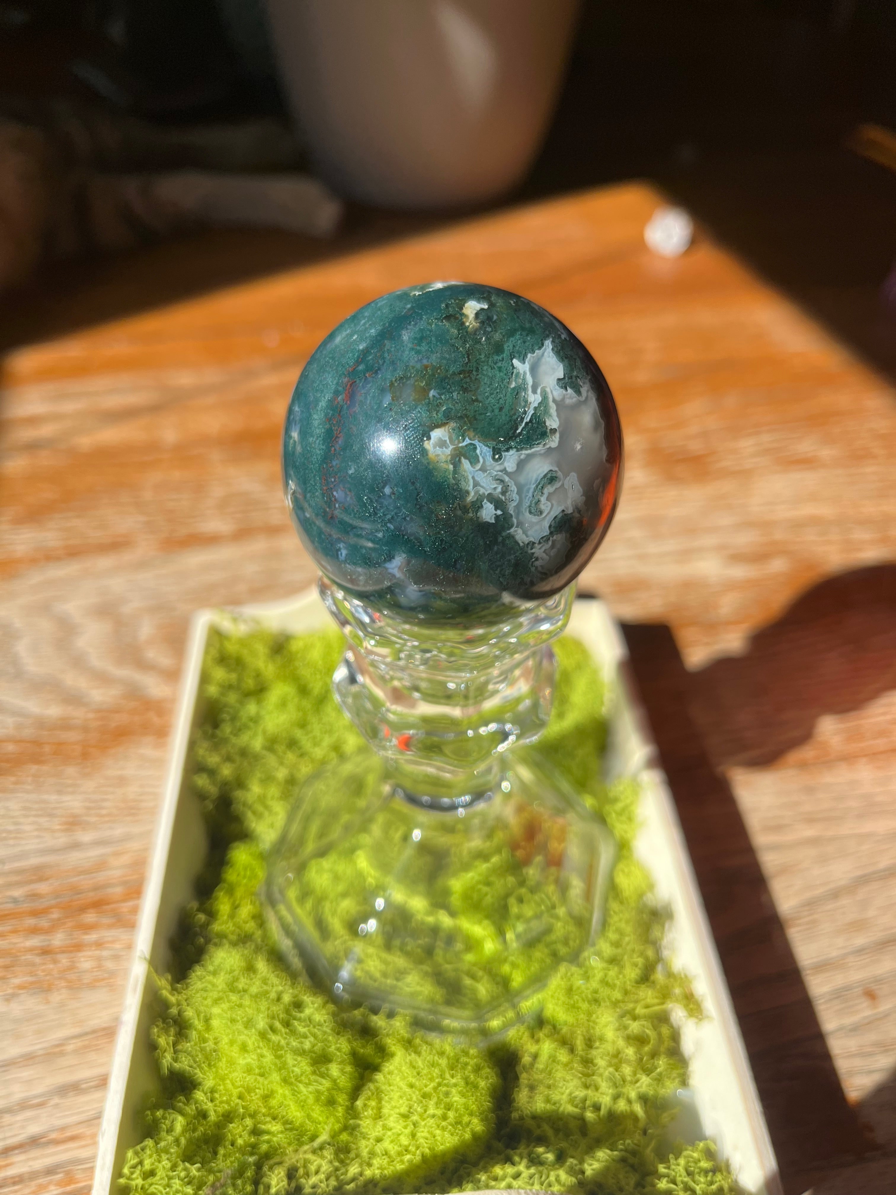 Blue, Red and Green Mossy Agate Sphere from India
