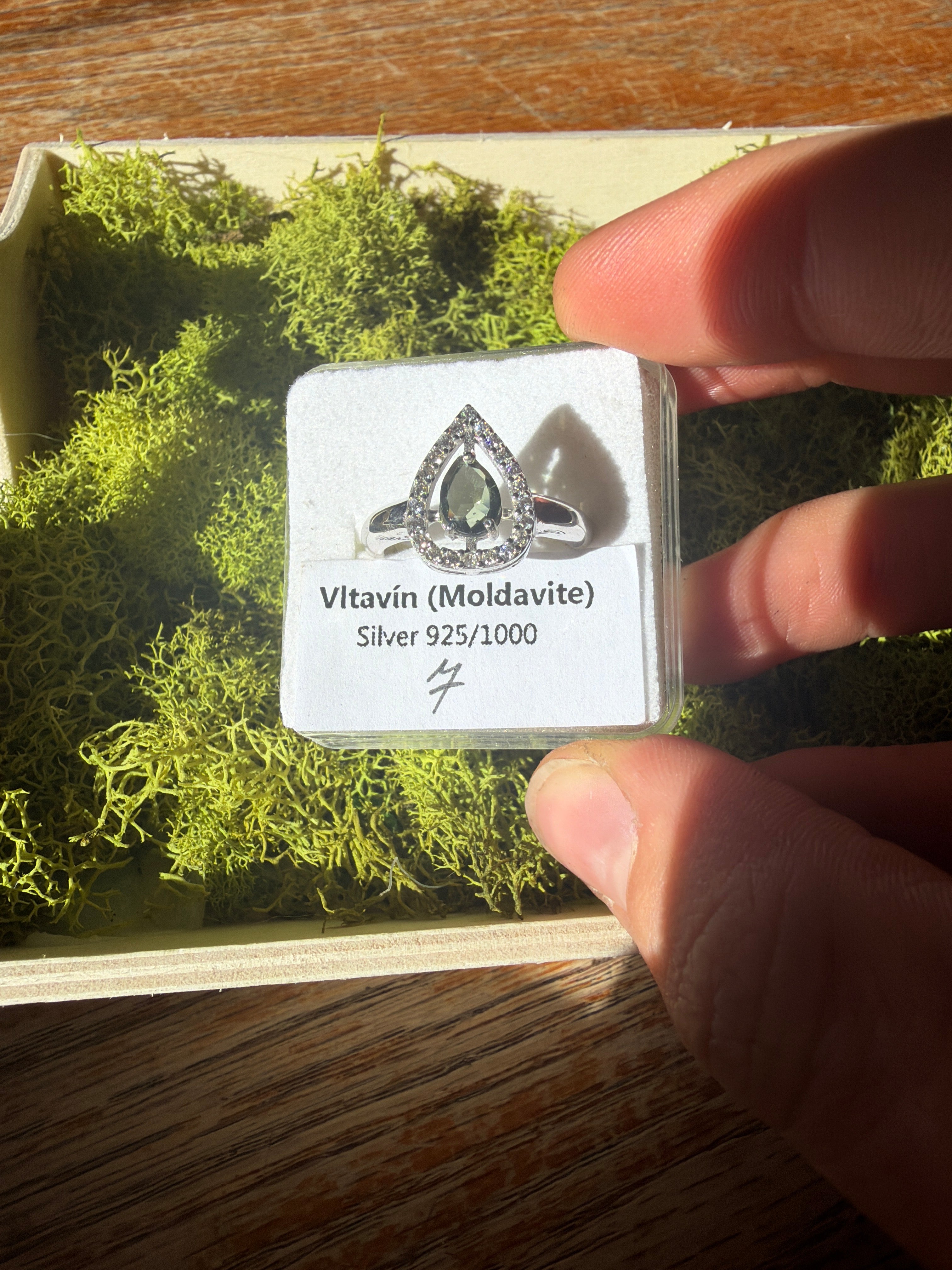 Moldavite and Cubic Zirconia Silver Ring size 7