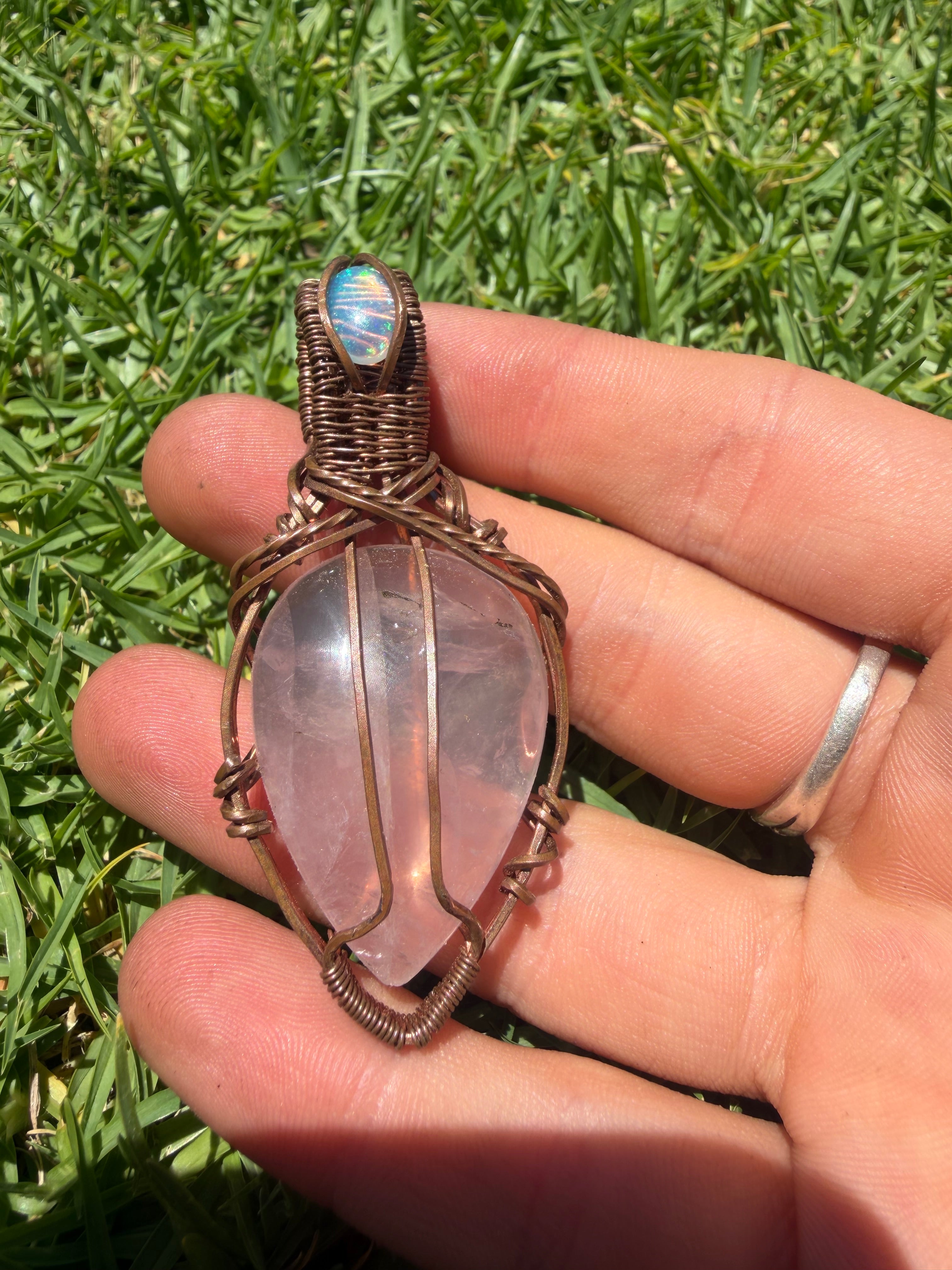 Handmade Rose Quartz and Ethiopian Opal Copper Wire Wrapped Pendant