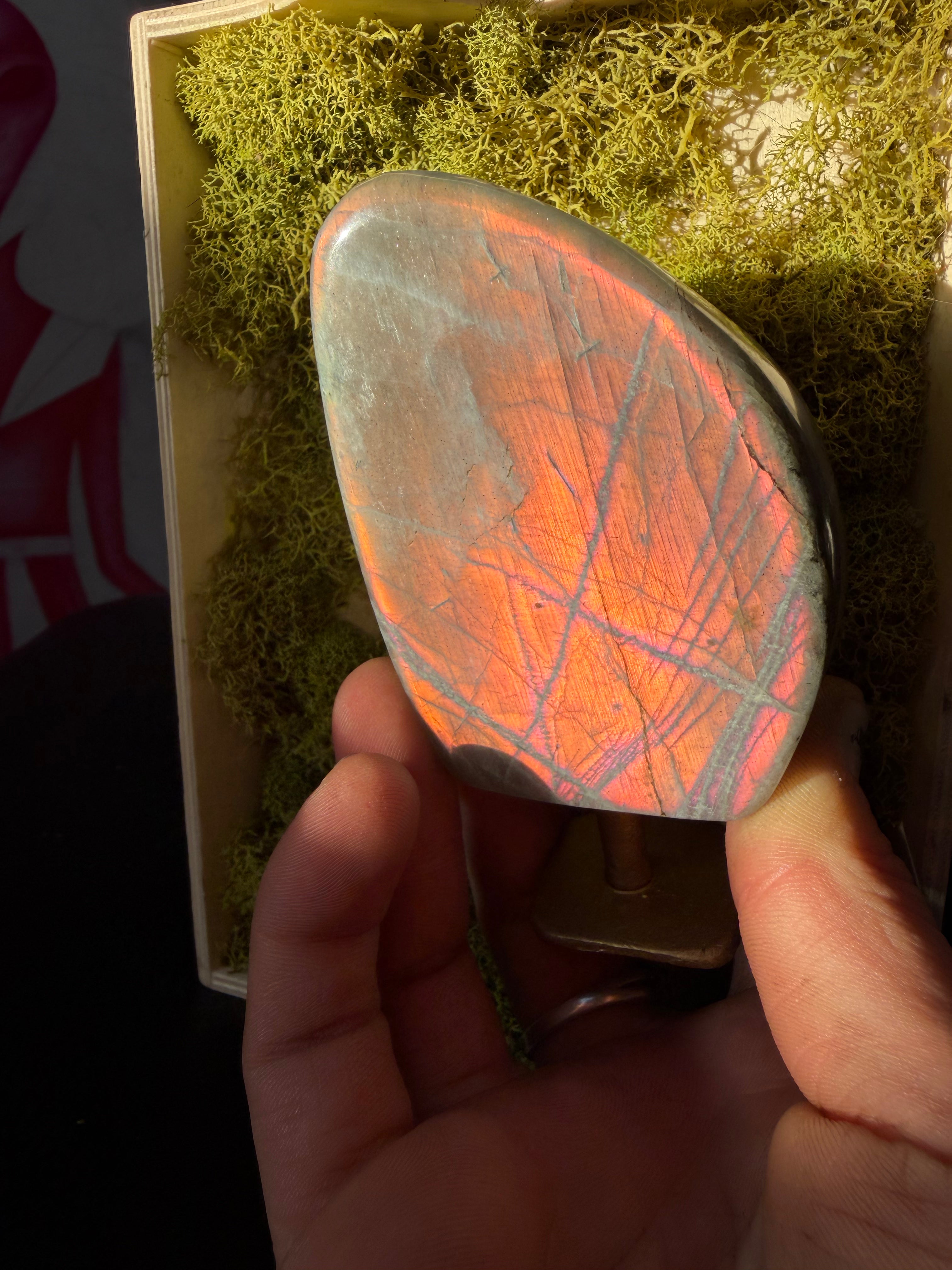 Peachy Labradorite on a Brass Stand