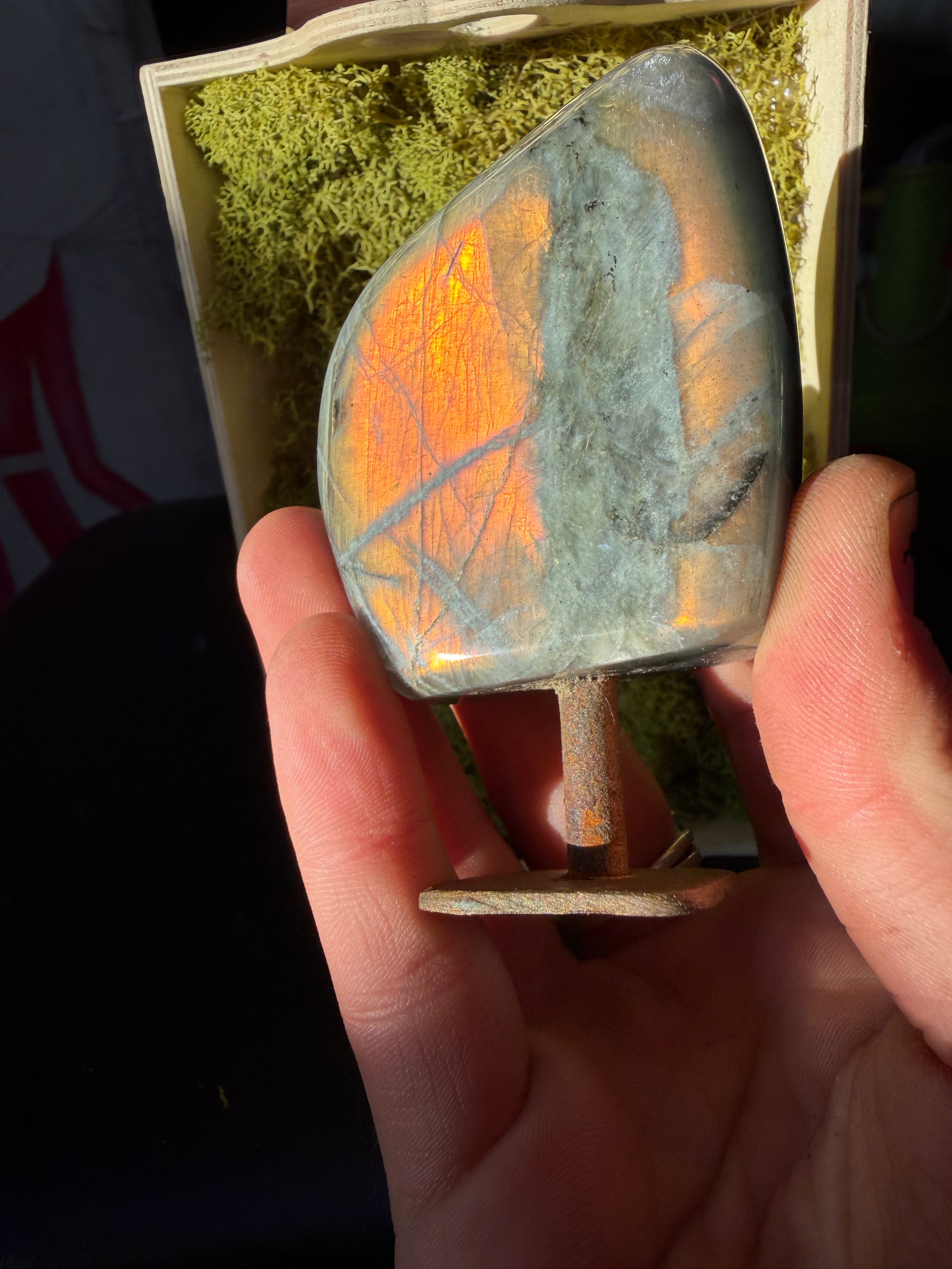 Peachy Labradorite on a Brass Stand