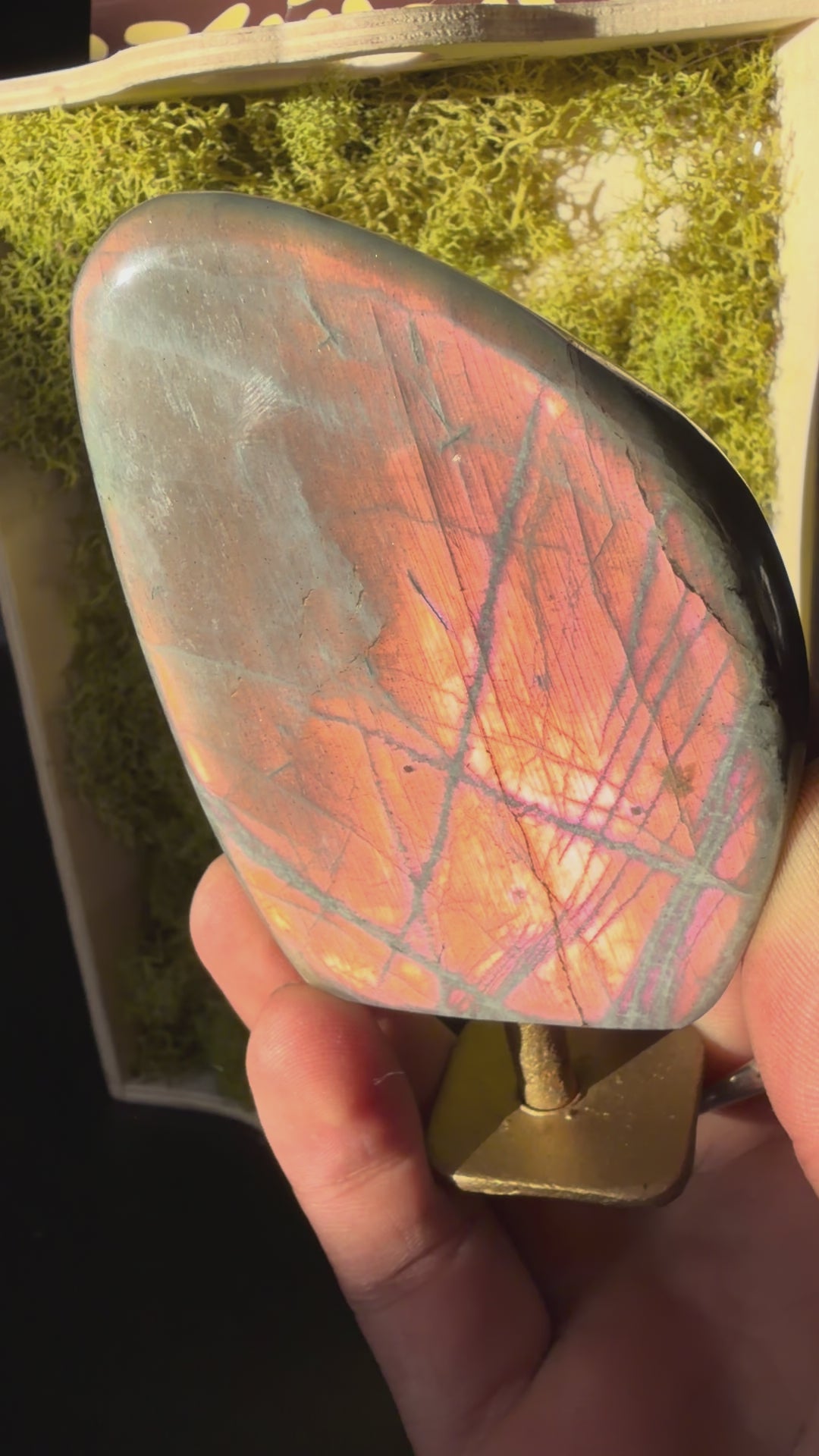 Peachy Labradorite on a Brass Stand